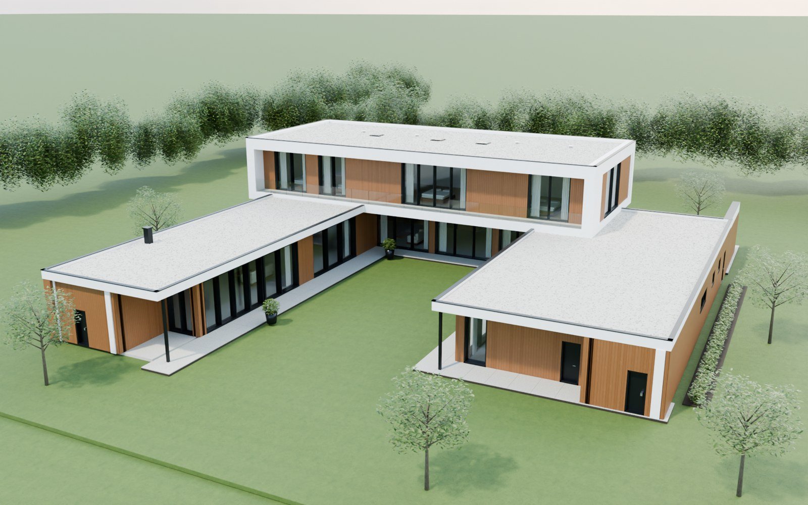 Architekturmodell der geplanten Fertigstellung. Einrichtung und Gartengestaltung dienen der Veranschaulichung.